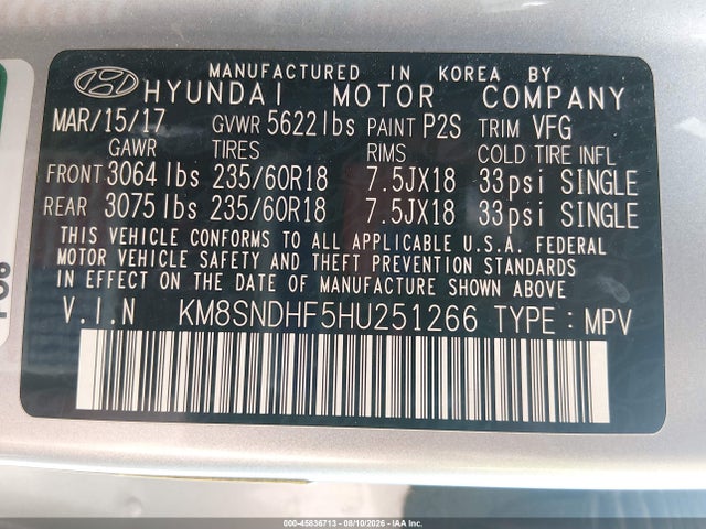 2017 Hyundai Santa Fe Se მანქანა იყიდება აუქციონზე, vin: KM8SNDHF5HU251266, აუქციონის ნომერი: 45836713