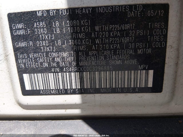 Продаж на аукціоні авто 2012 Subaru Outback 2.5i Limited, vin: 4S4BRCKC0C3296885, номер лоту: 45836723