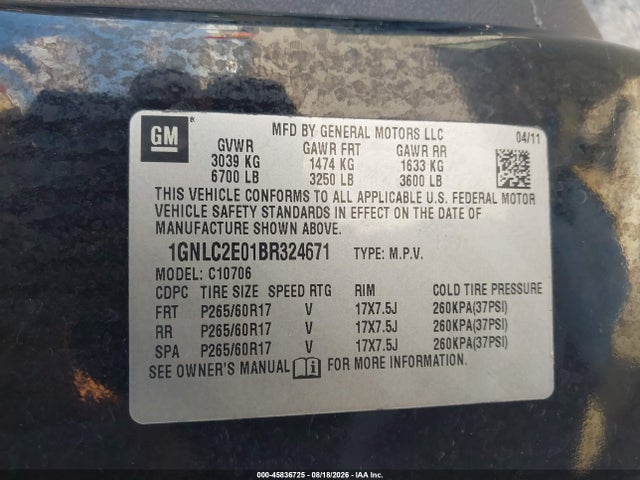 Aukcja sprzedaży 2011 Chevrolet Tahoe Commercial, vin: 1GNLC2E01BR324671, numer aukcji: 45836725
