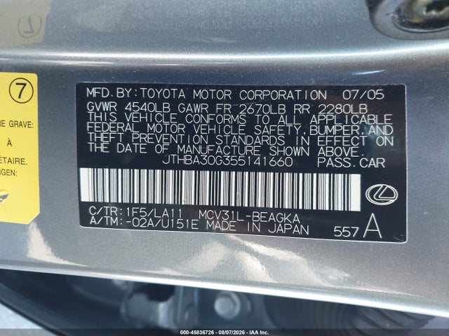 Продажа на аукционе авто 2005 Lexus Es 330, vin: JTHBA30G355141660, номер лота: 45836726