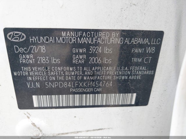 Aukcja sprzedaży 2019 Hyundai Elantra Limited, vin: 5NPD84LFXKH454764, numer aukcji: 45836727
