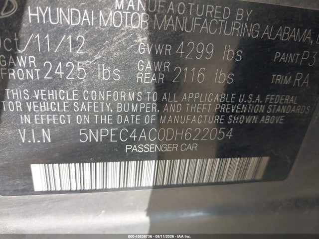 2013 Hyundai Sonata Se/limited მანქანა იყიდება აუქციონზე, vin: 5NPEC4AC0DH622054, აუქციონის ნომერი: 45836736