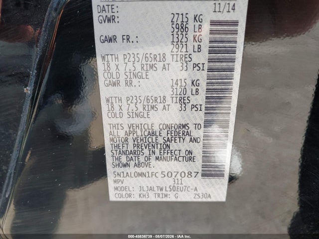 Продаж на аукціоні авто 2015 Infiniti Qx60, vin: 5N1AL0MN1FC507087, номер лоту: 45836739