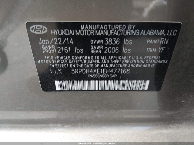2014 Hyundai Elantra Se მანქანა იყიდება აუქციონზე, vin: 5NPDH4AE1EH477168, აუქციონის ნომერი: 45836741