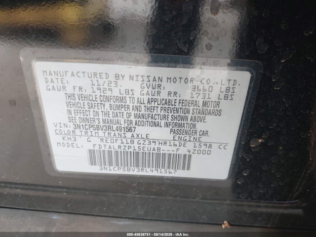 45836751 :رقم المزاد ، 3N1CP5BV3RL491567 vin ، 2024 Nissan Kicks S Xtronic Cvt مزاد بيع