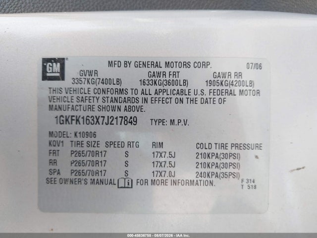 45836755 :رقم المزاد ، 1GKFK163X7J217849 vin ، 2007 Gmc Yukon Xl 1500 Slt مزاد بيع