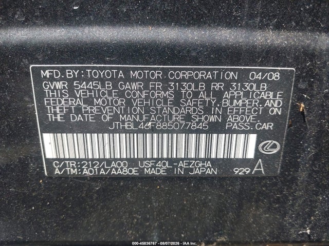 Продаж на аукціоні авто 2008 Lexus Ls 460, vin: JTHBL46F885077845, номер лоту: 45836767