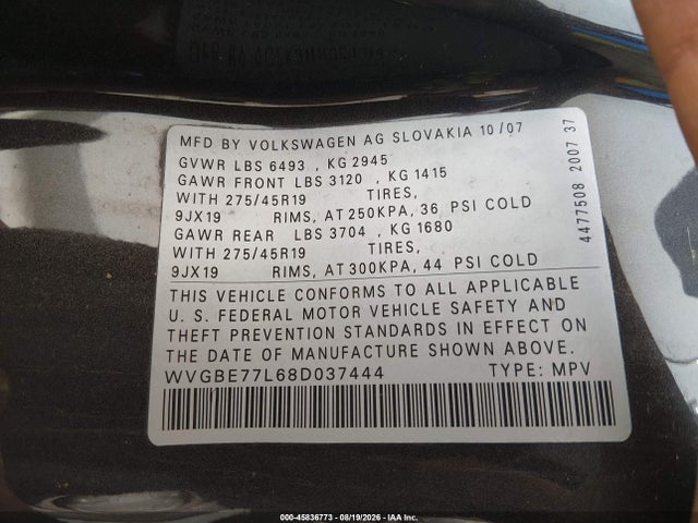 Продаж на аукціоні авто 2008 Volkswagen Touareg 2 Vr6 Fsi, vin: WVGBE77L68D037444, номер лоту: 45836773