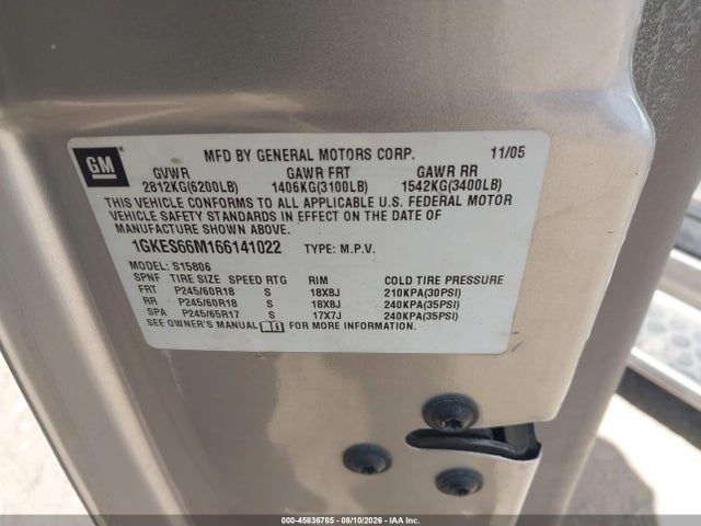 45836785 :رقم المزاد ، 1GKES66M166141022 vin ، 2006 Gmc Envoy Xl Denali مزاد بيع