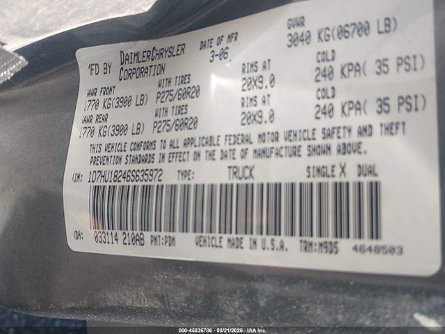 Продажа на аукционе авто 2006 Dodge Ram 1500 Slt/trx4 Off Road/sport, vin: 1D7HU18246S635972, номер лота: 45836786