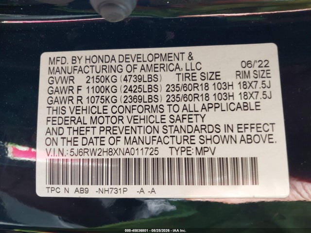 45836801 :رقم المزاد ، 5J6RW2H8XNA011725 vin ، 2022 Honda Cr-v Awd Ex-l مزاد بيع