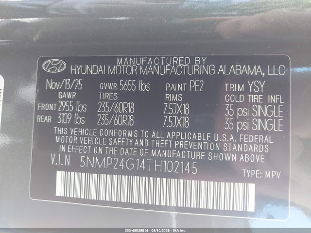 45836814 :رقم المزاد ، 5NMP24G14TH102145 vin ، 2026 Hyundai Santa Fe Hybrid Sel مزاد بيع