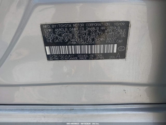 45836823 :رقم المزاد ، JTHBK1EG6A2354785 vin ، 2010 Lexus Es 350 مزاد بيع