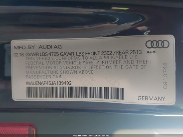 2018 Audi A4 2.0t Premium მანქანა იყიდება აუქციონზე, vin: WAUENAF45JA139492, აუქციონის ნომერი: 45836834
