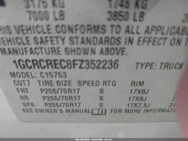Aukcja sprzedaży 2015 Chevrolet Silverado 1500 1lt, vin: 1GCRCREC8FZ352236, numer aukcji: 45836836