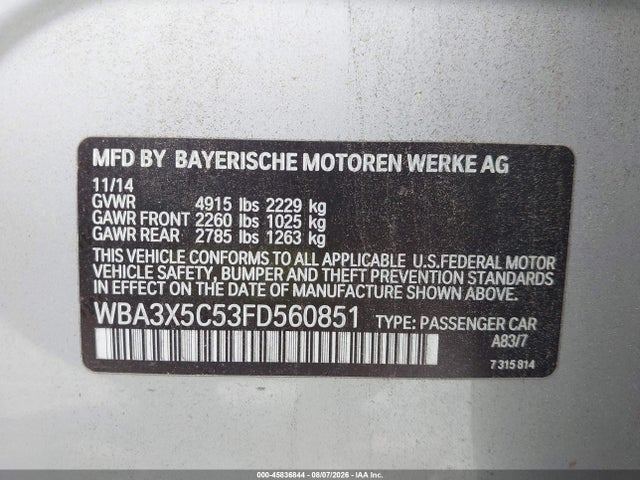 2015 Bmw 328i Gran Turismo Xdrive მანქანა იყიდება აუქციონზე, vin: WBA3X5C53FD560851, აუქციონის ნომერი: 45836844