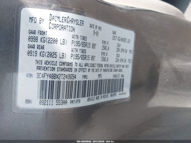 2002 Chrysler Pt Cruiser მანქანა იყიდება აუქციონზე, vin: 3C4FY48BX2T249654, აუქციონის ნომერი: 45836846