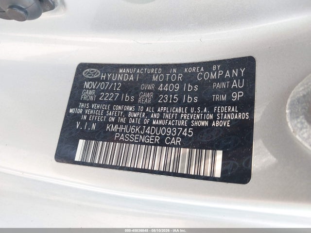 2013 Hyundai Genesis 3.8 Grand Touring მანქანა იყიდება აუქციონზე, vin: KMHHU6KJ4DU093745, აუქციონის ნომერი: 45836848