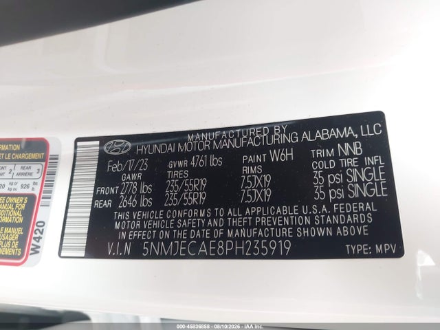45836858 :رقم المزاد ، 5NMJECAE8PH235919 vin ، 2023 Hyundai Tucson Limited مزاد بيع
