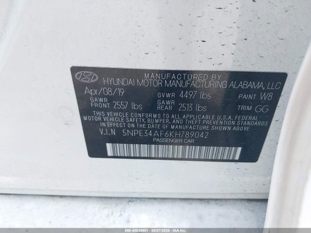 Продаж на аукціоні авто 2019 Hyundai Sonata Sel, vin: 5NPE34AF6KH789042, номер лоту: 45836901