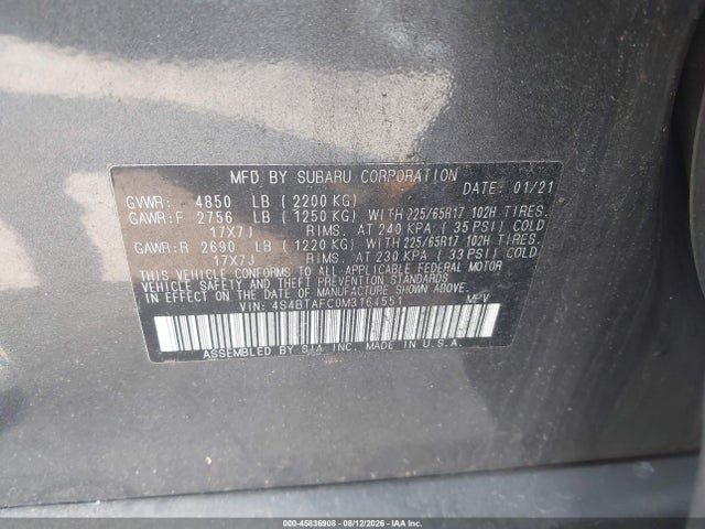 45836908 :رقم المزاد ، 4S4BTAFC0M3164551 vin ، 2021 Subaru Outback Premium مزاد بيع
