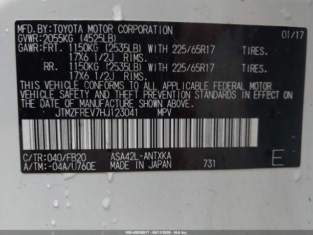 45836917 :رقم المزاد ، JTMZFREV7HJ123041 vin ، 2017 Toyota Rav4 Le مزاد بيع