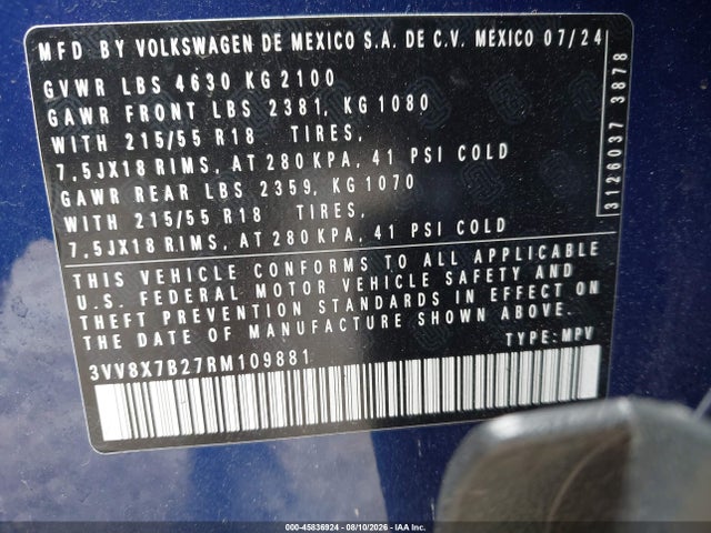 2024 Volkswagen Taos 1.5t S მანქანა იყიდება აუქციონზე, vin: 3VV8X7B27RM109881, აუქციონის ნომერი: 45836924