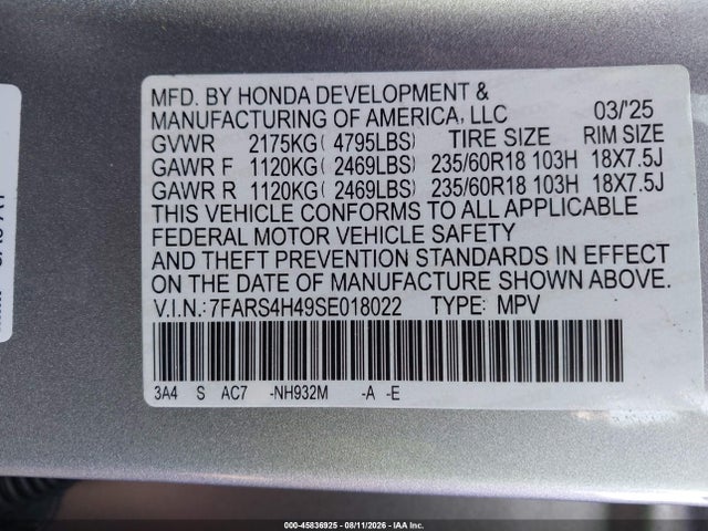 45836925 :رقم المزاد ، 7FARS4H49SE018022 vin ، 2025 Honda Cr-v Ex Awd مزاد بيع