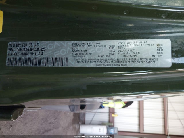 45836934 :رقم المزاد ، 1C6HJTAG8ML585323 vin ، 2021 Jeep Gladiator Sport 4x4 مزاد بيع