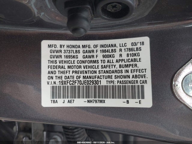 Aukcja sprzedaży 2018 Honda Civic Ex, vin: 19XFC2F70JE029301, numer aukcji: 45836942