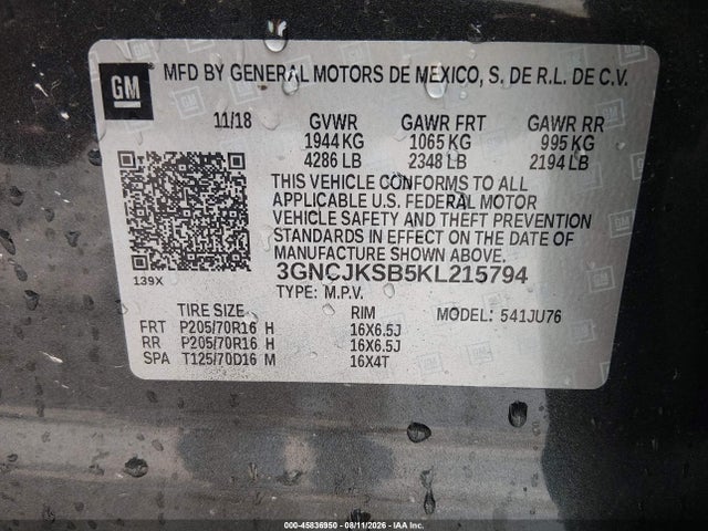 Aukcja sprzedaży 2019 Chevrolet Trax Ls, vin: 3GNCJKSB5KL215794, numer aukcji: 45836950