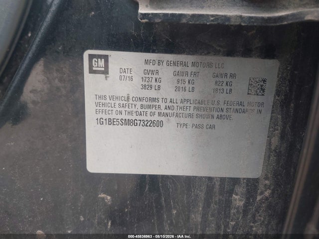 45836963 :رقم المزاد ، 1G1BE5SM8G7322600 vin ، 2016 Chevrolet Cruze Lt Auto مزاد بيع