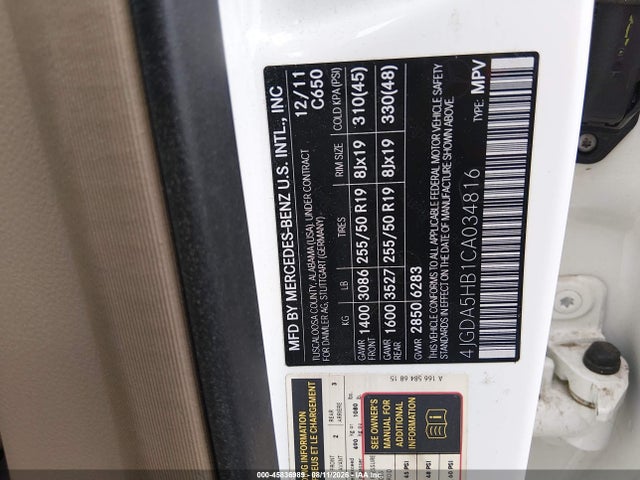 45836989 :رقم المزاد ، 4JGDA5HB1CA034816 vin ، 2012 Mercedes-benz Ml 350 4matic مزاد بيع