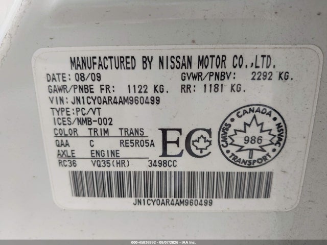 Aukcja sprzedaży 2010 Infiniti M35x, vin: JN1CY0AR4AM960499, numer aukcji: 45836992