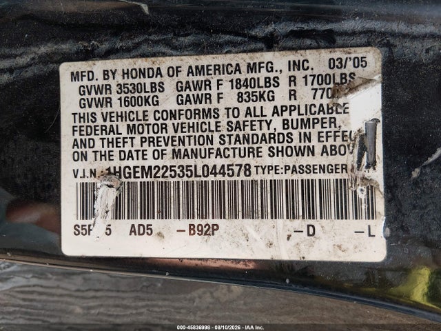 2005 Honda Civic Lx მანქანა იყიდება აუქციონზე, vin: 1HGEM22535L044578, აუქციონის ნომერი: 45836998