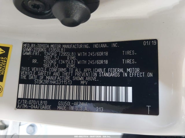45837014 :رقم المزاد ، 5TDKZRFH4KS311513 vin ، 2019 Toyota Highlander Xle مزاد بيع