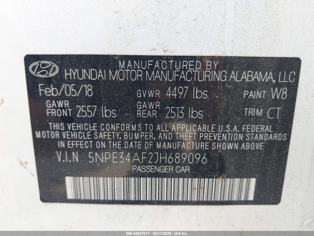 Aukcja sprzedaży 2018 Hyundai Sonata Limited, vin: 5NPE34AF2JH689096, numer aukcji: 45837017