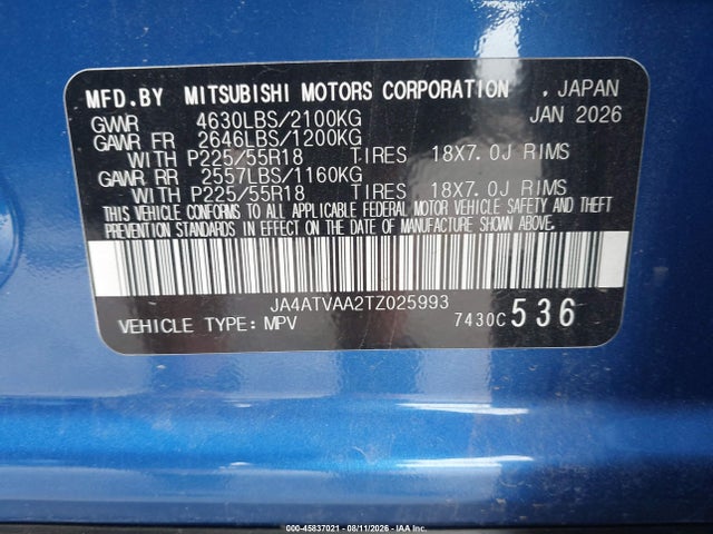 Auction sale of the 2026 Mitsubishi Eclipse Cross Le S-awc/ralliart S-awc, vin: JA4ATVAA2TZ025993, lot number: 45837021