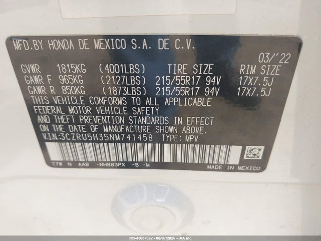 2022 Honda Hr-v 2wd Lx მანქანა იყიდება აუქციონზე, vin: 3CZRU5H35NM741458, აუქციონის ნომერი: 45837022