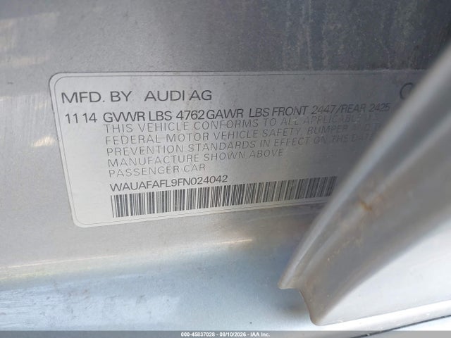 45837028 :رقم المزاد ، WAUAFAFL9FN024042 vin ، 2015 Audi A4 2.0t Premium مزاد بيع