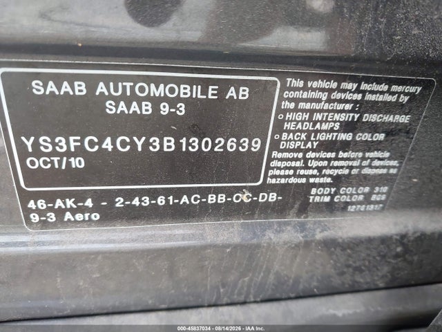 45837034 :رقم المزاد ، YS3FC4CY3B1302639 vin ، 2011 Saab 9-3 Aero مزاد بيع