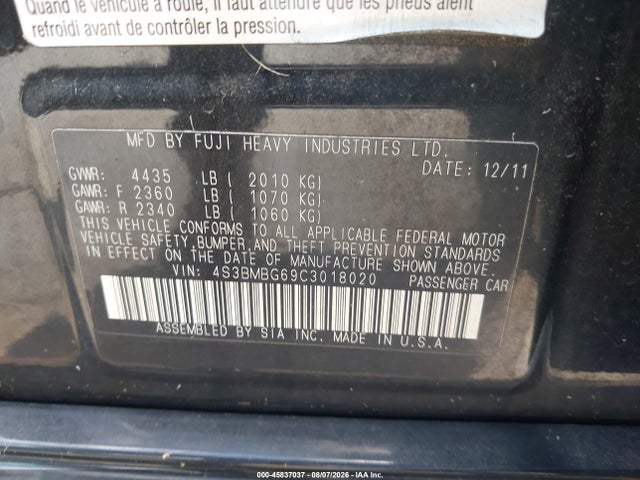 45837037 :رقم المزاد ، 4S3BMBG69C3018020 vin ، 2012 Subaru Legacy 2.5i Premium مزاد بيع
