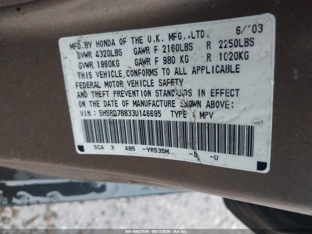 45837039 :رقم المزاد ، SHSRD78833U146695 vin ، 2003 Honda Cr-v Ex مزاد بيع
