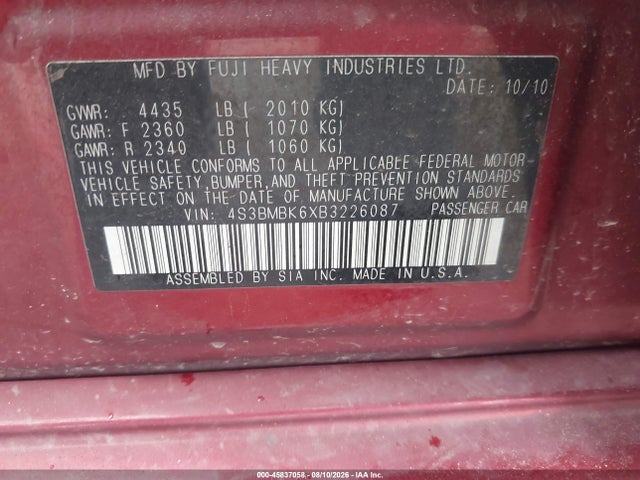 Продажа на аукционе авто 2011 Subaru Legacy 2.5i Limited, vin: 4S3BMBK6XB3226087, номер лота: 45837058