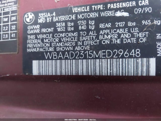 45837064 :رقم المزاد ، WBAAD2315MED29648 vin ، 1991 Bmw 325 I Automatic مزاد بيع