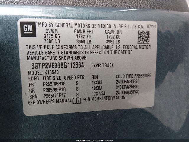 45837077 :رقم المزاد ، 3GTP2VE33BG112864 vin ، 2011 Gmc Sierra 1500 Sle مزاد بيع