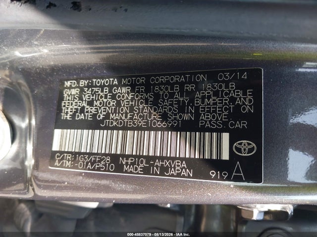 45837079 :رقم المزاد ، JTDKDTB39E1066991 vin ، 2014 Toyota Prius C Two مزاد بيع
