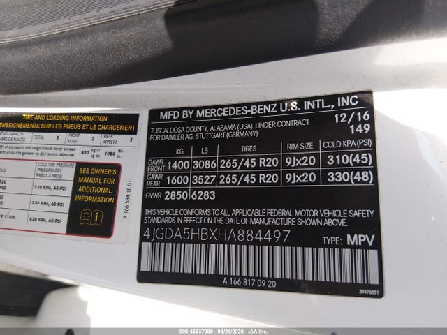 2017 Mercedes-benz Gle 350 4matic მანქანა იყიდება აუქციონზე, vin: 4JGDA5HBXHA884497, აუქციონის ნომერი: 45837080