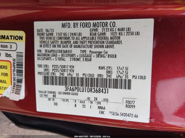 45837083 :رقم المزاد ، 3FA6P0LU1DR368431 vin ، 2013 Ford Fusion Hybrid Se مزاد بيع