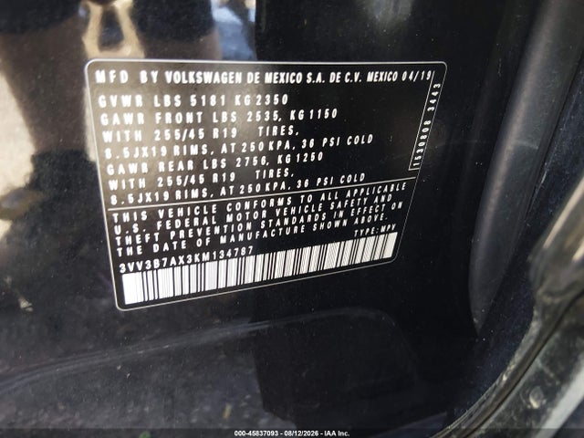 45837093 :رقم المزاد ، 3VV3B7AX3KM134787 vin ، 2019 Volkswagen Tiguan 2.0t Se/2.0t Sel/2.0t Sel R-line/2.0t Sel R-line Black مزاد بيع